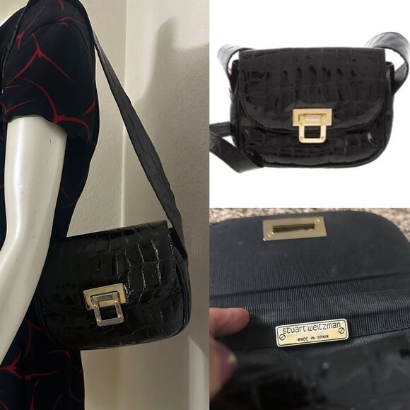 Black Stuart Weitzman Patent Leather Croc Bag - Picture 1 of 14